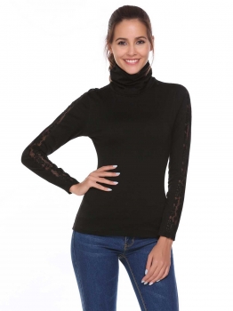 

Black Turtle Neck Long Sleeve Lace Patchwork Slim Tops, Multicolor