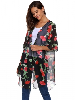 

Black 3"4 Flare Sleeve Floral Print Sheer Chiffon Loose Kimono, Multicolor