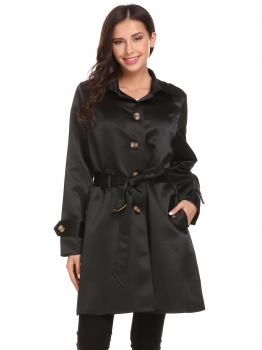 

Black Women Turn Down Collar Single-breasted Trench Jacket with Belt, Multicolor