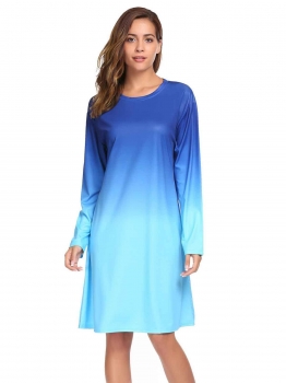 

Blue O-Neck Long Sleeve Gradient Color Loose Dress, Multicolor