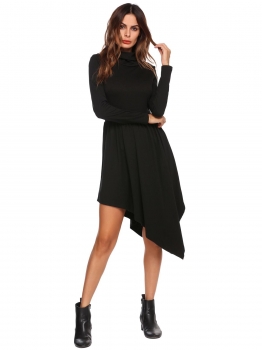 

Black Casual High Neck Long Sleeve Asymmetrical Dress, Multicolor