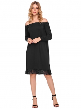 

Black Off the Shoulder Long Sleeve Fringed Dress, Multicolor