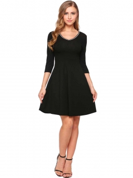

Black 3"4 Sleeve V Neck Knitted A-Line Dress, Multicolor
