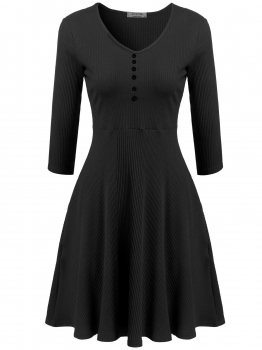 

Black Women Elegant 3"4 Sleeve Solid Button V Neck Rib Puffy Swing Dress, Multicolor