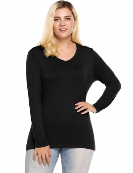 

Black Plus Size V-Neck Long Sleeve Solid Slim Fit T-Shirts, Multicolor