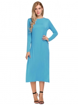 

Blue Long Sleeve O-Neck Split Sides One Piece Casual Midi Dress, Multicolor