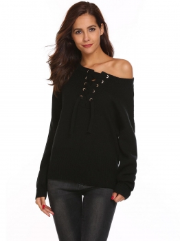 

Black Women Casual Long Sleeve Lace Up Neck Weave Knit Sweater Pullover Tops, Multicolor