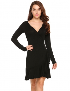 

Black V-Neck Long Sleeve Solid Ruffle Wrap Dress, Multicolor