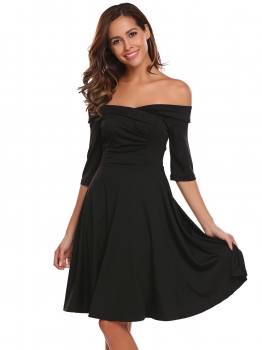 

Black Women Fashion Slash Neck Half Sleeve Solid A-Line Dress, Multicolor