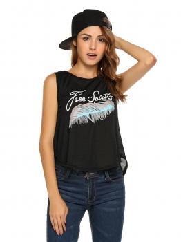 

Black Free Spirit Letter Print Asymmetric Hem Loose Tank Tops, Multicolor