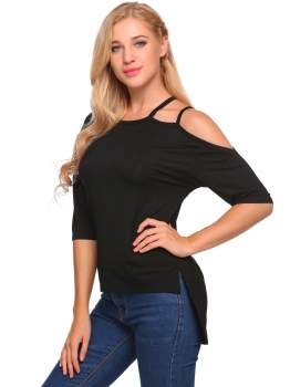 

Black Solid Oblique Collar Asymmetrical Hem Tops, Multicolor