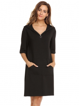 

Black Hooded Half Sleeve Solid Pocket Zipper Hoodie Dress, Multicolor