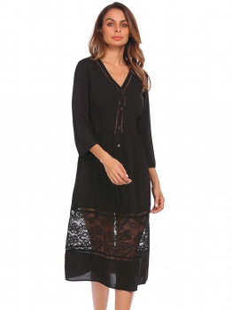 

Black Women Fashion V-Neck Long Sleeve Lace Patchwork Loose Button Dress, Multicolor