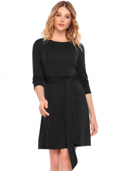 

Black 3"4 Sleeve Ruched A-Line Dress with Belt, Multicolor