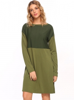 

Army green Long Sleeve Patchwork Loose Fit Dress, Multicolor