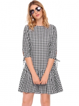 

Black Plaid O-Neck Drawstring Sleeve Ruffles Hem Loose Fit Dress, Multicolor
