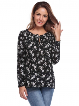 

Black O-Neck Long Sleeve Prints Blouse, Multicolor