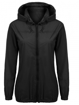 

Black Lightweight Zip Up Solid Hooded Outdoor Waterproof Jacket, Multicolor