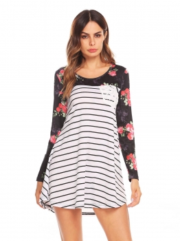 

Floral Long Sleeve Striped Patchwork Casual Mini Loose Fit Tunic Dress w" Pocket, Multicolor