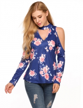 

Blue Stand Collar Cold Shoulder Long Sleeve Floral Tops, Multicolor