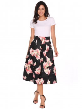 

Black High Waist Pleated Print Midi Skirts, Multicolor