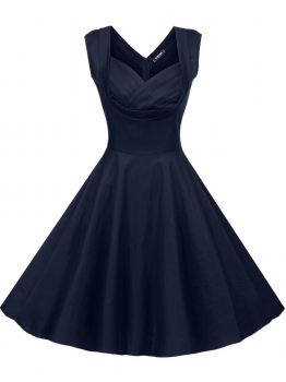 

Navy blue 1950s Vintage Sleeveless Pentagon Neck Swing Dress, Multicolor