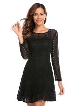 

Black Women Fashion O-Neck Long Sleeve Lace Slim Mini Dress, Multicolor