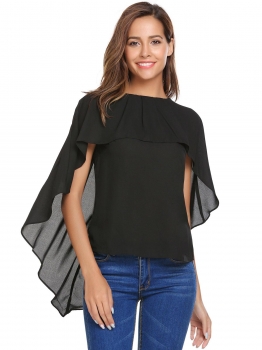 

Black O-Neck Sleeveless Back Zipper Solid Cloak Style Casual Chiffon Shirt Blouse, Multicolor