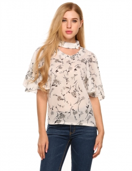 

White Stand Neck Flare Short Sleeve Floral Button Chiffon Blouse, Multicolor