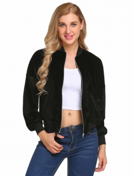 

Black Velvet Zip Up Long Sleeve Slim Short Bomber Jacket, Multicolor