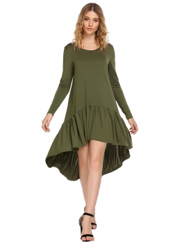 

Army green Long Sleeve O-Neck Solid Ruffle Knee Length Asymmetrical Loose Casual Dress, Multicolor