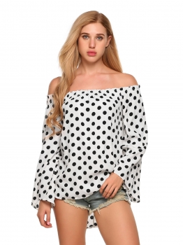 

White Off the Shoulder Flare Sleeve Dot Loose Asymmetric Hem Tops, Multicolor