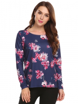 

Navy blue Long Sleeve Floral Print Loose O-Neck Sweatshirt, Multicolor