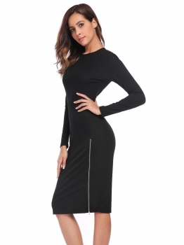 

Black Solid Hem Zipper Slim O-Neck Long Sleeve Bodycon Dress, Multicolor