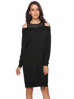 

Black Cold Shoulder Patchwork Hollow-out O-Neck Long Sleeve Dress, Multicolor
