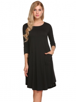 

Black Front Pockets Round Neck Solid Loose Dress, Multicolor
