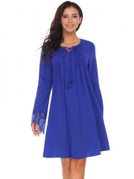 

Blue Long Flare Sleeve Chiffon Lace Patchwork Dress, Multicolor