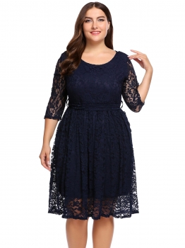 

Navy blue Plus Size Hollow Lace 3"4 Sleeve Belted Dress, Multicolor