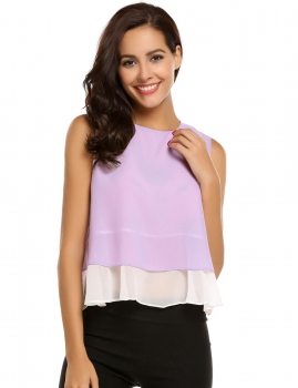 

Purple Sleeveless O Neck Patchwork Loose Chiffon Tops, Multicolor