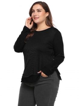 

Black Plus Size Long Sleeve Patchwork Split Hem Sweaters, Multicolor