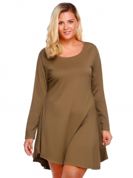 

Brown O-Neck Long Sleeve Solid Asymmetric A-Line Dress, Multicolor