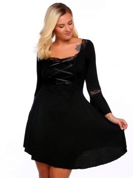 

Black Plus Size Square Neck Long Sleeve Dress, Multicolor
