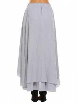 

Gray Women Maxi Full Length Skirt Casual Solid Elastic Waist Double Layer, Multicolor
