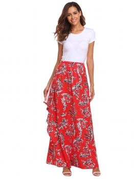 

Red Women High Elastic Waist Print Bohemia Style Maxi Long Skirt Ruffles Beach, Multicolor
