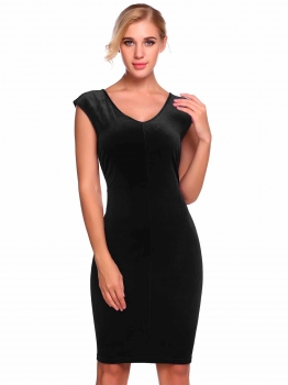 

Black Cap Sleeve Solid V Neck Lint Velvet Bodycon Dress, Multicolor