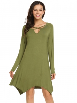 

Army green Solid Long Sleeve Notch Neck Asymmetric Hem Dress, Multicolor