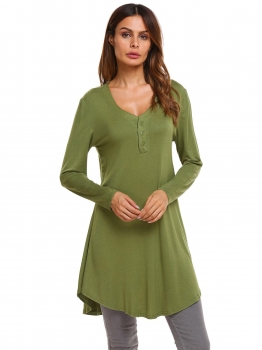 

Army green V-Neck Long Sleeve Button Solid Loose Tops, Multicolor