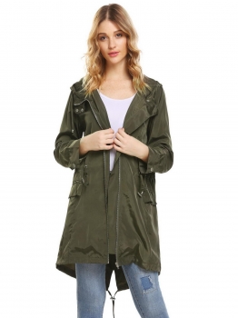

Army green Women Casual Hooded Long Sleeve Zipper Pocket Solid Waist and Hem Drawstring Jacket Outwear, Multicolor