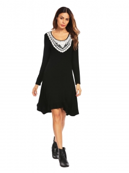 

Black Women Long Sleeve Lace Patchwork Slim Fit Irregular Ruffles Casual Dress, Multicolor