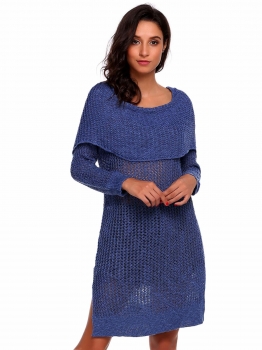

Blue Slash Neck Long Sleeve Hollow Out Solid Sweater, Multicolor
